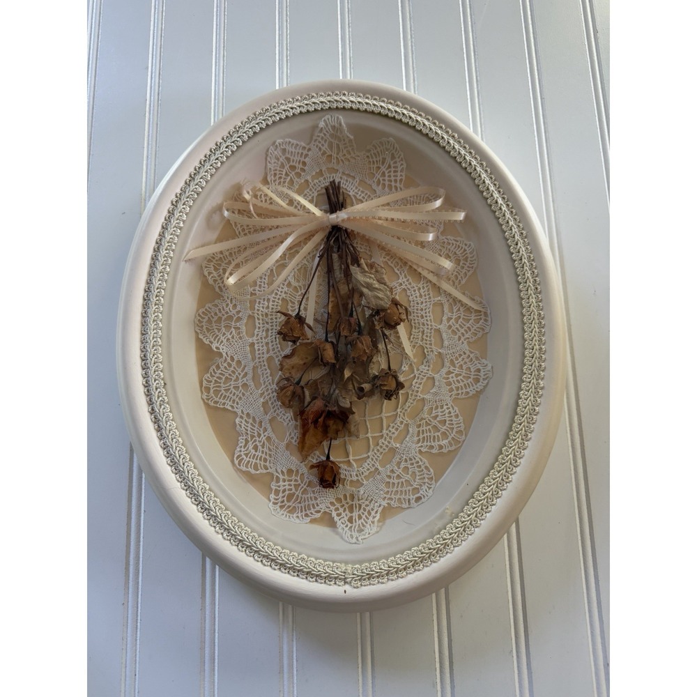 Vintage Oval Shadow‎ Box Ceramic Wall Art Dried Flowers Lace Cottagecore Decor